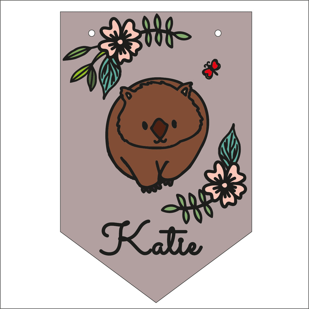 FG034 - MDF Themed Personalised Pennant Flag - Doodle Jungle - Wombat - Olifantjie - Wooden - MDF - Lasercut - Blank - Craft - Kit - Mixed Media - UK
