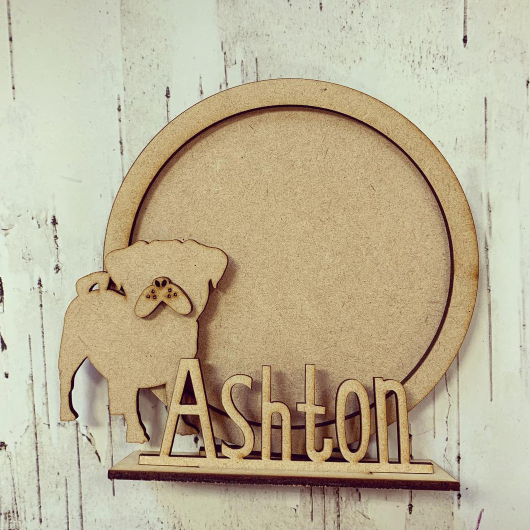 CF028 - MDF Pug Themed Personalised Freestanding Circular Photo Frame - Olifantjie - Wooden - MDF - Lasercut - Blank - Craft - Kit - Mixed Media - UK