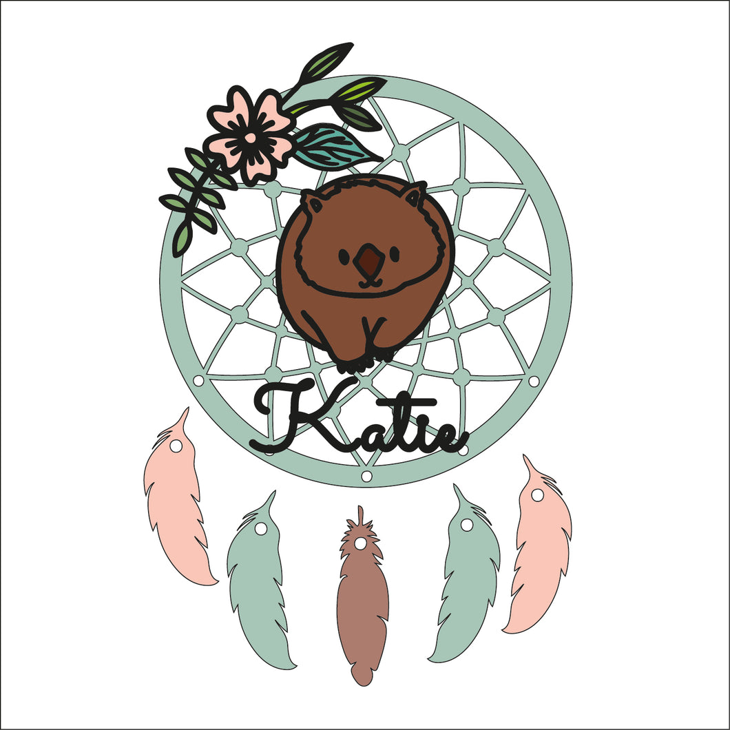 DC094 - MDF Doodle Animals - Wombat Dream Catcher - with Initial or Wording - Olifantjie - Wooden - MDF - Lasercut - Blank - Craft - Kit - Mixed Media - UK