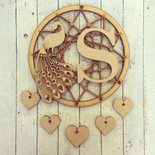 DC045 - MDF Peacock Dream Catcher - with Initial, Initials, Name or Wording - Olifantjie - Wooden - MDF - Lasercut - Blank - Craft - Kit - Mixed Media - UK