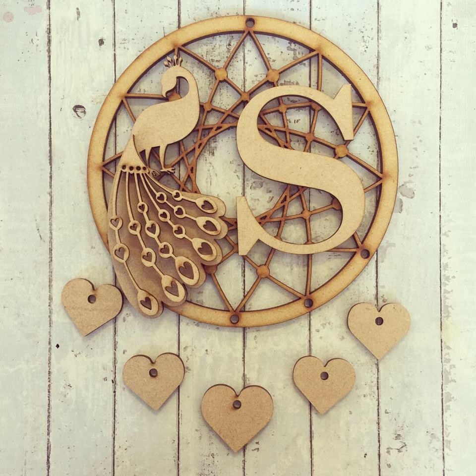 DC045 - MDF Peacock Dream Catcher - with Initial, Initials, Name or Wording - Olifantjie - Wooden - MDF - Lasercut - Blank - Craft - Kit - Mixed Media - UK