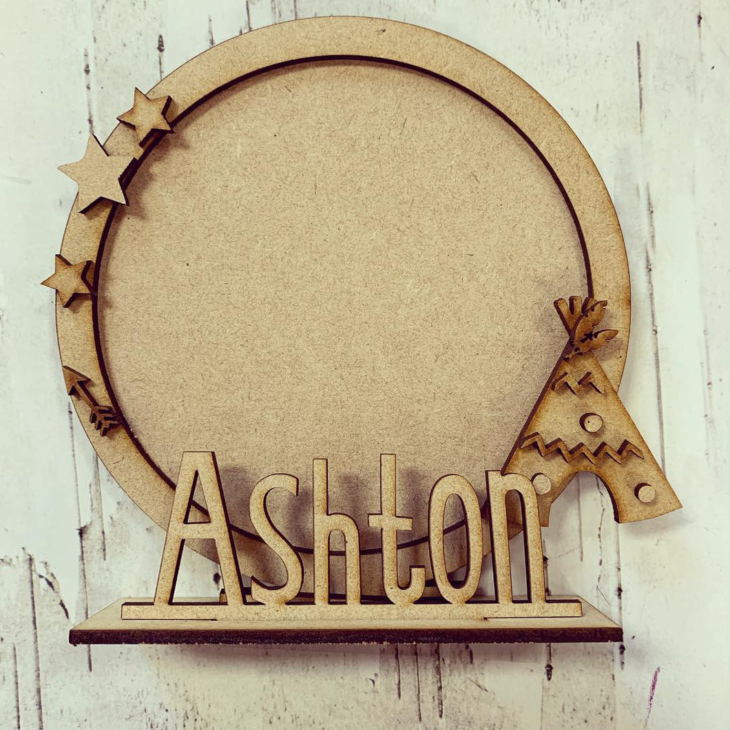 CF026 - MDF Teepee Themed Personalised Freestanding Circular Photo Frame - Olifantjie - Wooden - MDF - Lasercut - Blank - Craft - Kit - Mixed Media - UK