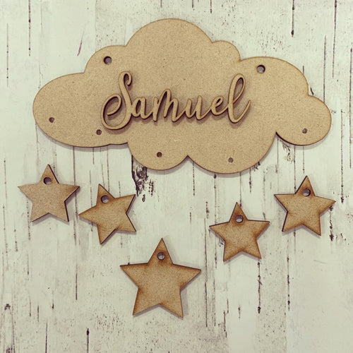 OL286 - MDF Hanging Cloud personalised plaque with hearts or stars - Olifantjie - Wooden - MDF - Lasercut - Blank - Craft - Kit - Mixed Media - UK