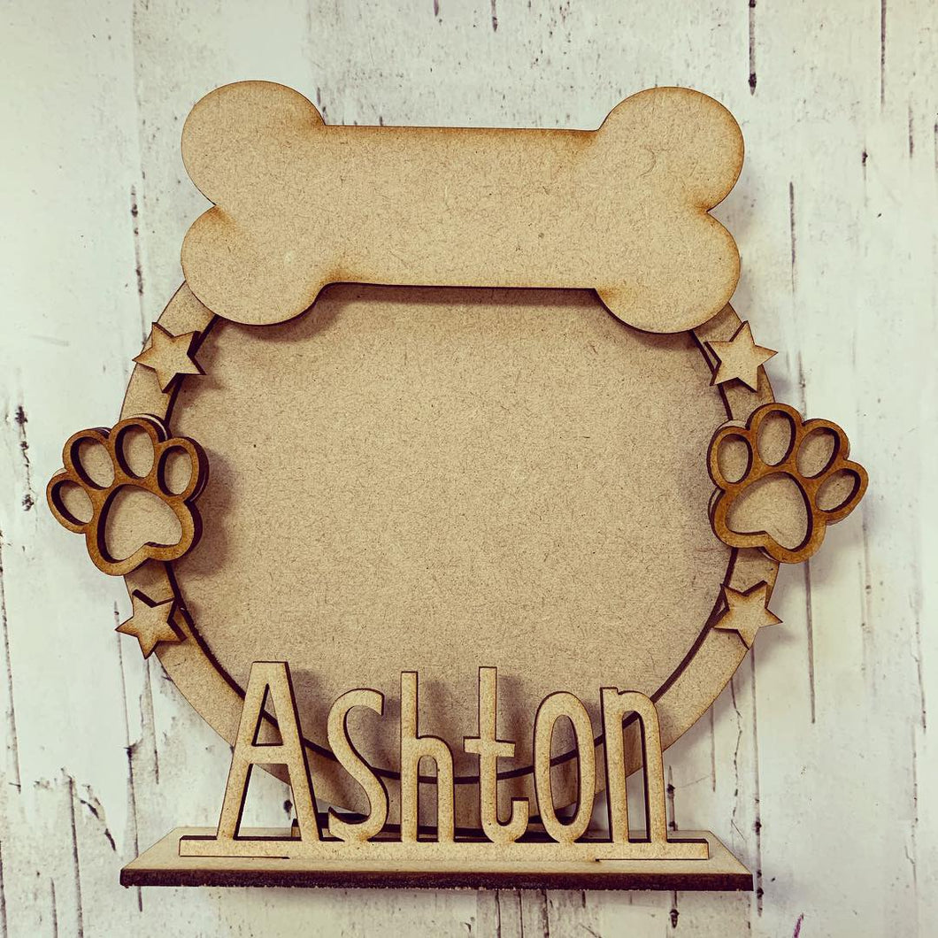 CF023 - MDF Dog Bone Themed Personalised Freestanding Circular Photo Frame - Olifantjie - Wooden - MDF - Lasercut - Blank - Craft - Kit - Mixed Media - UK