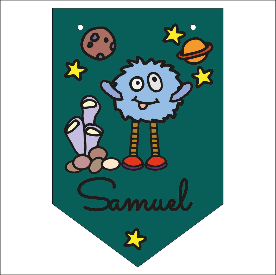 FG039 - MDF Themed Personalised Pennant Flag - Doodle Space Alien Monster - Style 2 - Olifantjie - Wooden - MDF - Lasercut - Blank - Craft - Kit - Mixed Media - UK