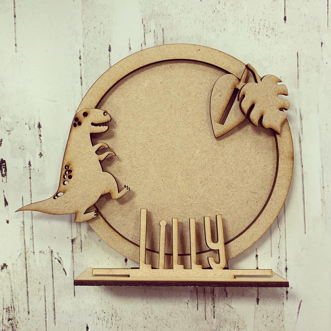 CF021 - MDF Dinosaur Themed Personalised Freestanding Circular Photo Frame - Olifantjie - Wooden - MDF - Lasercut - Blank - Craft - Kit - Mixed Media - UK