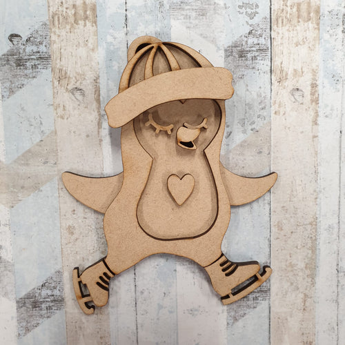 SJ323 - MDF Sarah Jane Winter Male Skating Penguin  Bauble - Olifantjie - Wooden - MDF - Lasercut - Blank - Craft - Kit - Mixed Media - UK