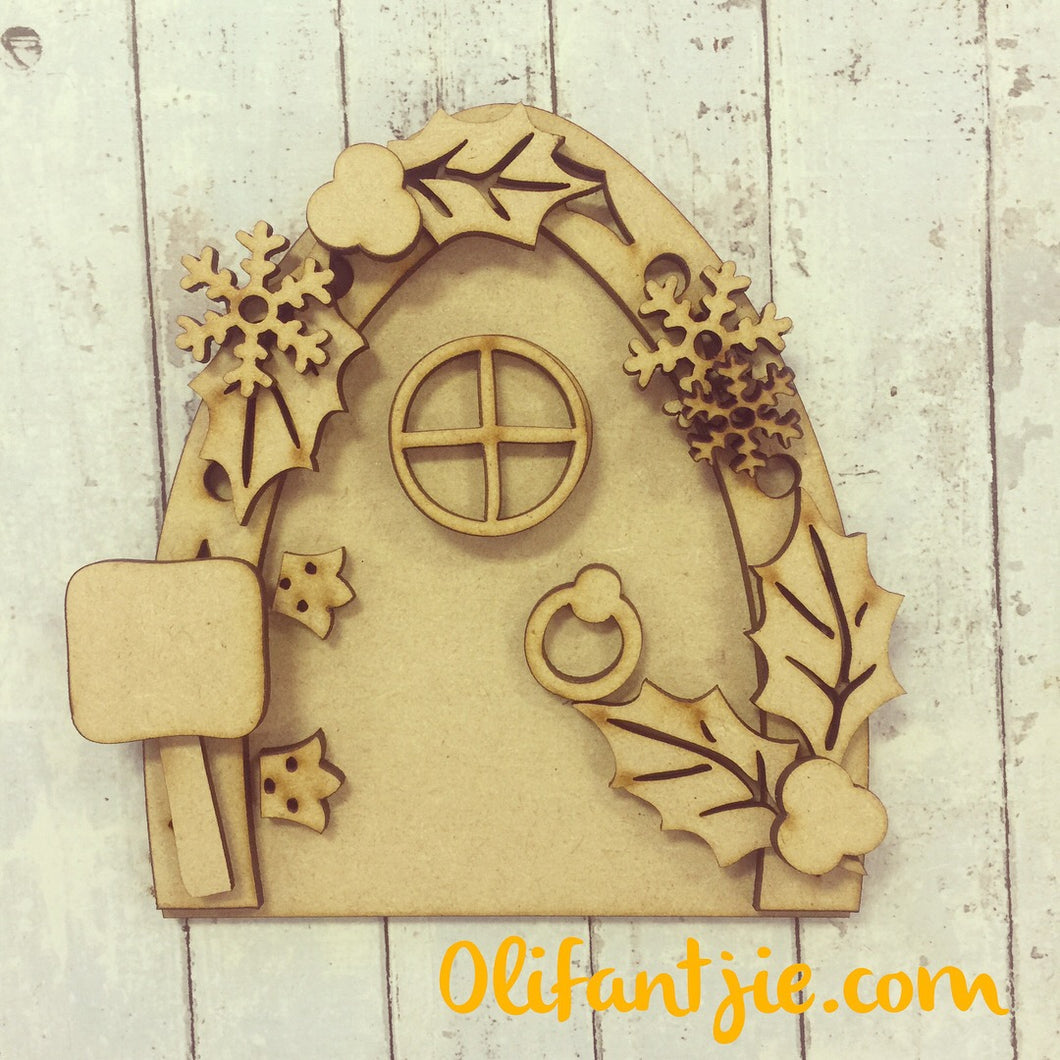 LFD003 - MDF Winter Holly Fairy Door - Olifantjie - Wooden - MDF - Lasercut - Blank - Craft - Kit - Mixed Media - UK