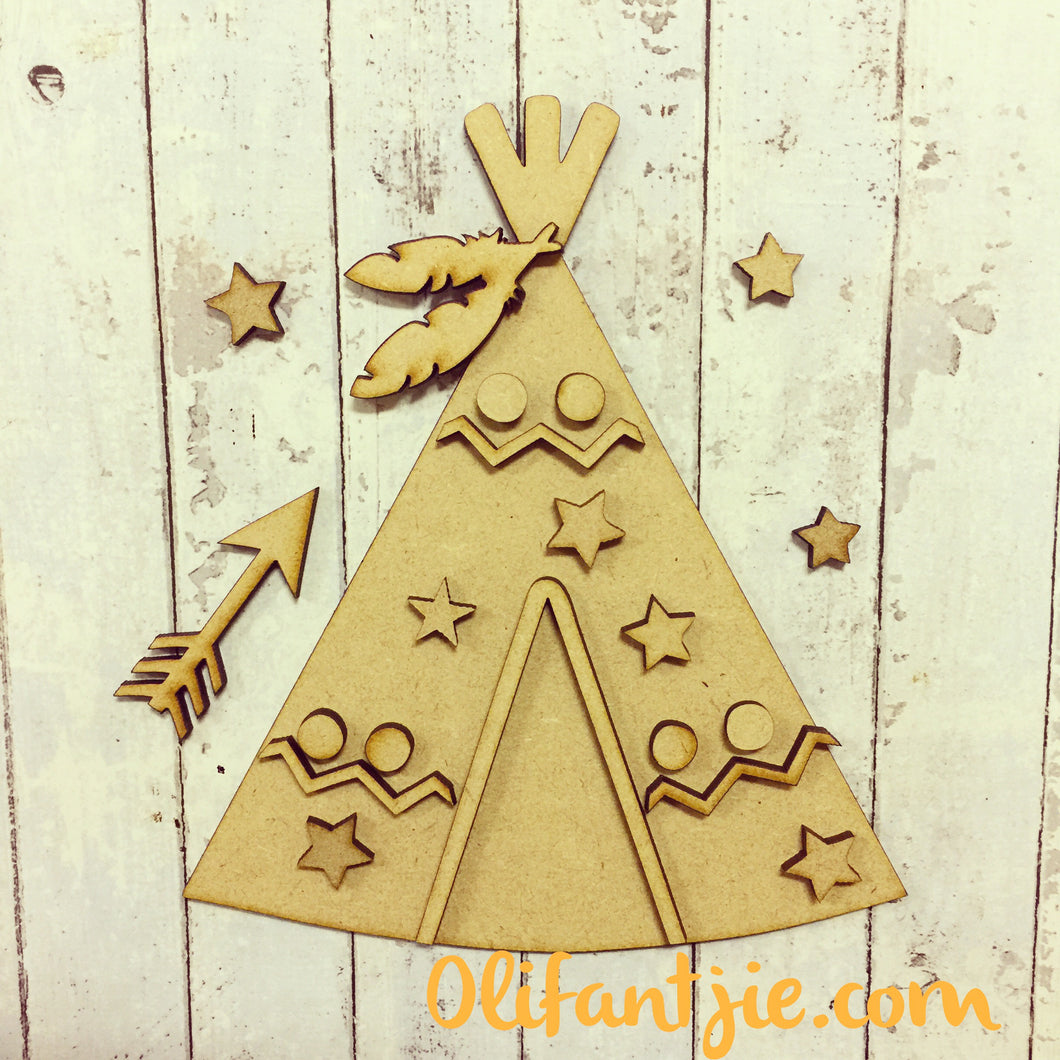OL196 - MDF Stars and Zig Zag Teepee - Olifantjie - Wooden - MDF - Lasercut - Blank - Craft - Kit - Mixed Media - UK