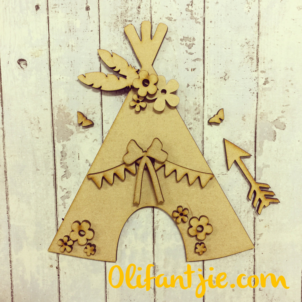Sale OL085 - MDF Flowers and Bunting Teepee - Olifantjie - Wooden - MDF - Lasercut - Blank - Craft - Kit - Mixed Media - UK