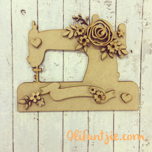 OL232 - MDF Vintage Sewing Machine with Flowers - Olifantjie - Wooden - MDF - Lasercut - Blank - Craft - Kit - Mixed Media - UK