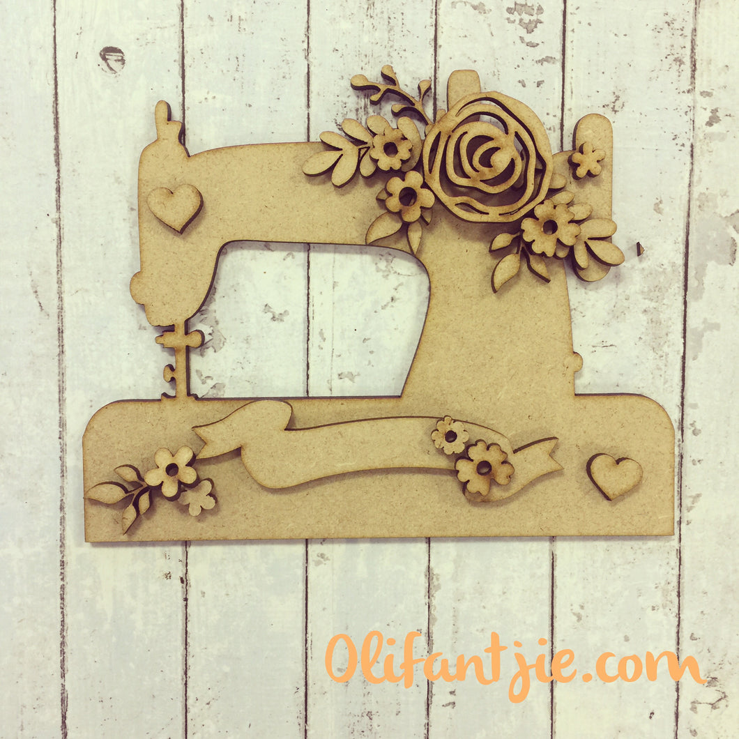 OL232 - MDF Vintage Sewing Machine with Flowers - Olifantjie - Wooden - MDF - Lasercut - Blank - Craft - Kit - Mixed Media - UK