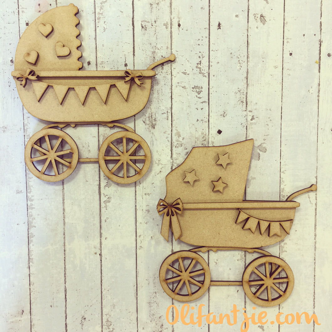 OL005 - MDF Baby Prams - Set of 2 Kits - Olifantjie - Wooden - MDF - Lasercut - Blank - Craft - Kit - Mixed Media - UK