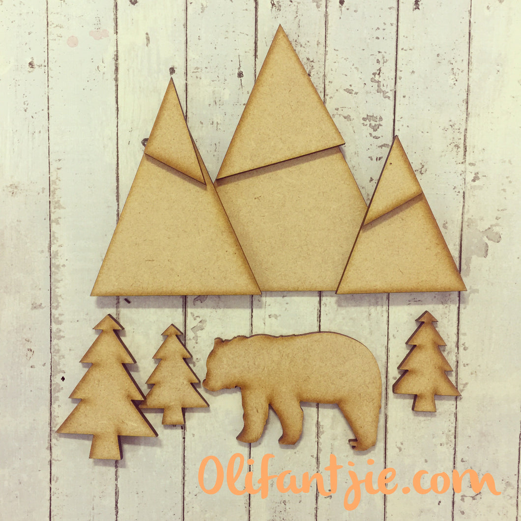 Sale OL008 - MDF Bear and Mountains Scene - Olifantjie - Wooden - MDF - Lasercut - Blank - Craft - Kit - Mixed Media - UK