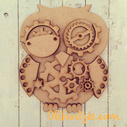 OL203 - MDF Steampunk Owl - Big Cog Belly! - Olifantjie - Wooden - MDF - Lasercut - Blank - Craft - Kit - Mixed Media - UK