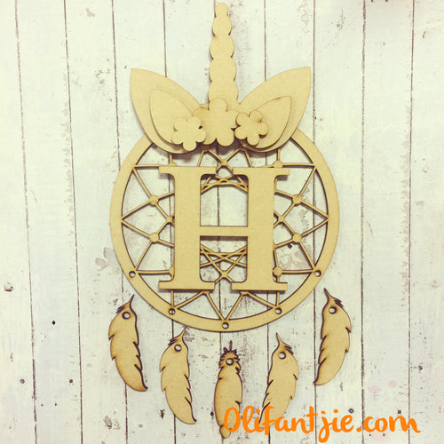 DC001 - MDF Unicorn Ears and Horn Dream Catcher- with Initial, Initials, Name or Wording - Olifantjie - Wooden - MDF - Lasercut - Blank - Craft - Kit - Mixed Media - UK