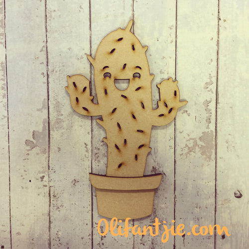 OL097 - MDF Happy Single Prickly Cactus - Olifantjie - Wooden - MDF - Lasercut - Blank - Craft - Kit - Mixed Media - UK