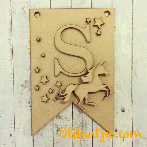 OL147 - MDF Unicorn Hanging Flag Initial - Olifantjie - Wooden - MDF - Lasercut - Blank - Craft - Kit - Mixed Media - UK