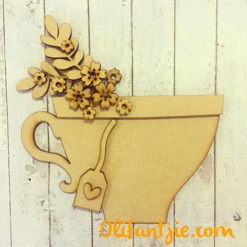 Sale OL221 - MDF Teacup with Flowers - Olifantjie - Wooden - MDF - Lasercut - Blank - Craft - Kit - Mixed Media - UK
