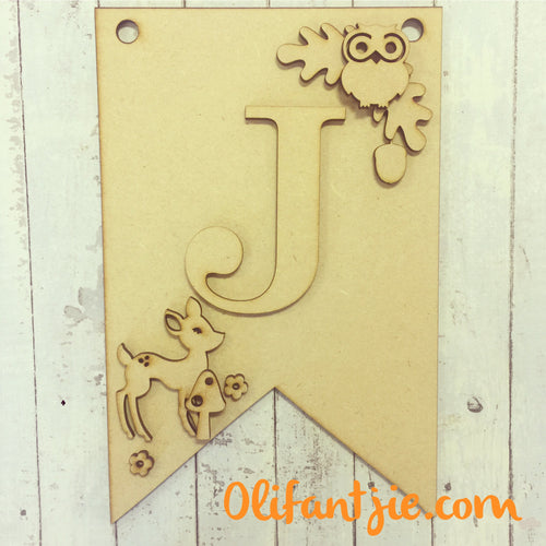 MDF Woodland Hanging Flag Initial - Olifantjie - Wooden - MDF - Lasercut - Blank - Craft - Kit - Mixed Media - UK