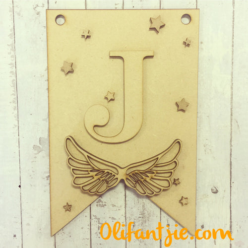 OL001 - MDF Angel Wings Hanging Flag - with Initial - Olifantjie - Wooden - MDF - Lasercut - Blank - Craft - Kit - Mixed Media - UK