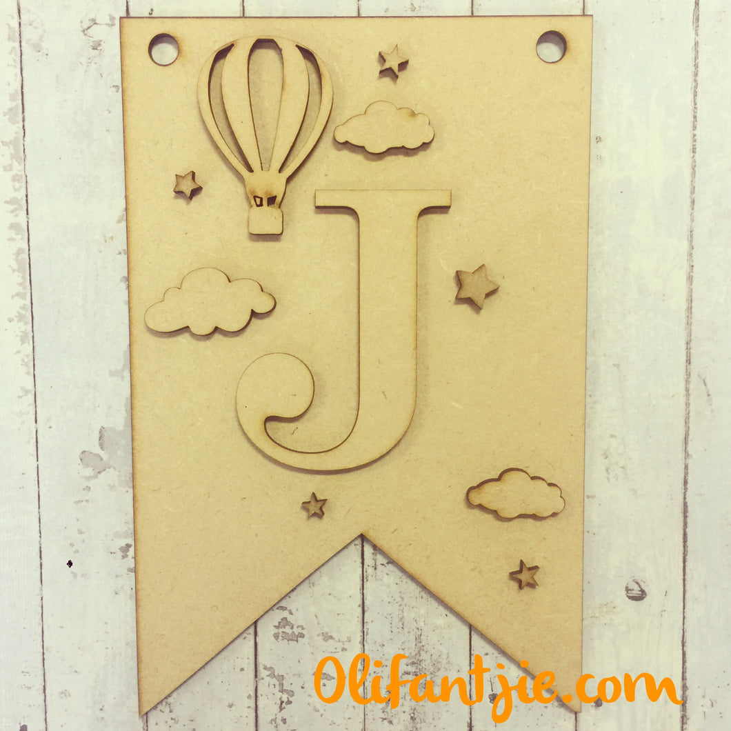 OL101 - MDF Hot Air Balloon Hanging Flag Initial - Olifantjie - Wooden - MDF - Lasercut - Blank - Craft - Kit - Mixed Media - UK