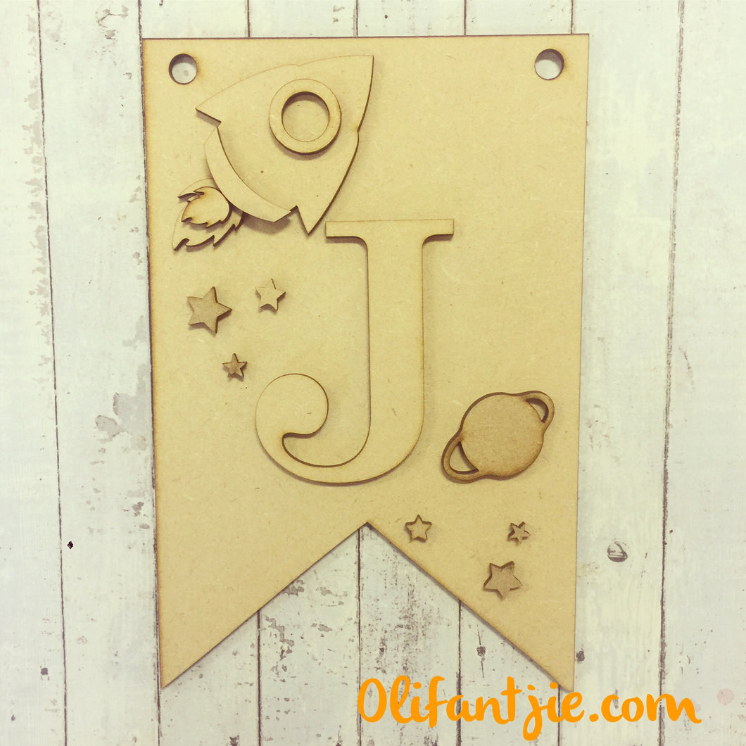 MDF Space Rocket Hanging Flag Initial - Olifantjie - Wooden - MDF - Lasercut - Blank - Craft - Kit - Mixed Media - UK