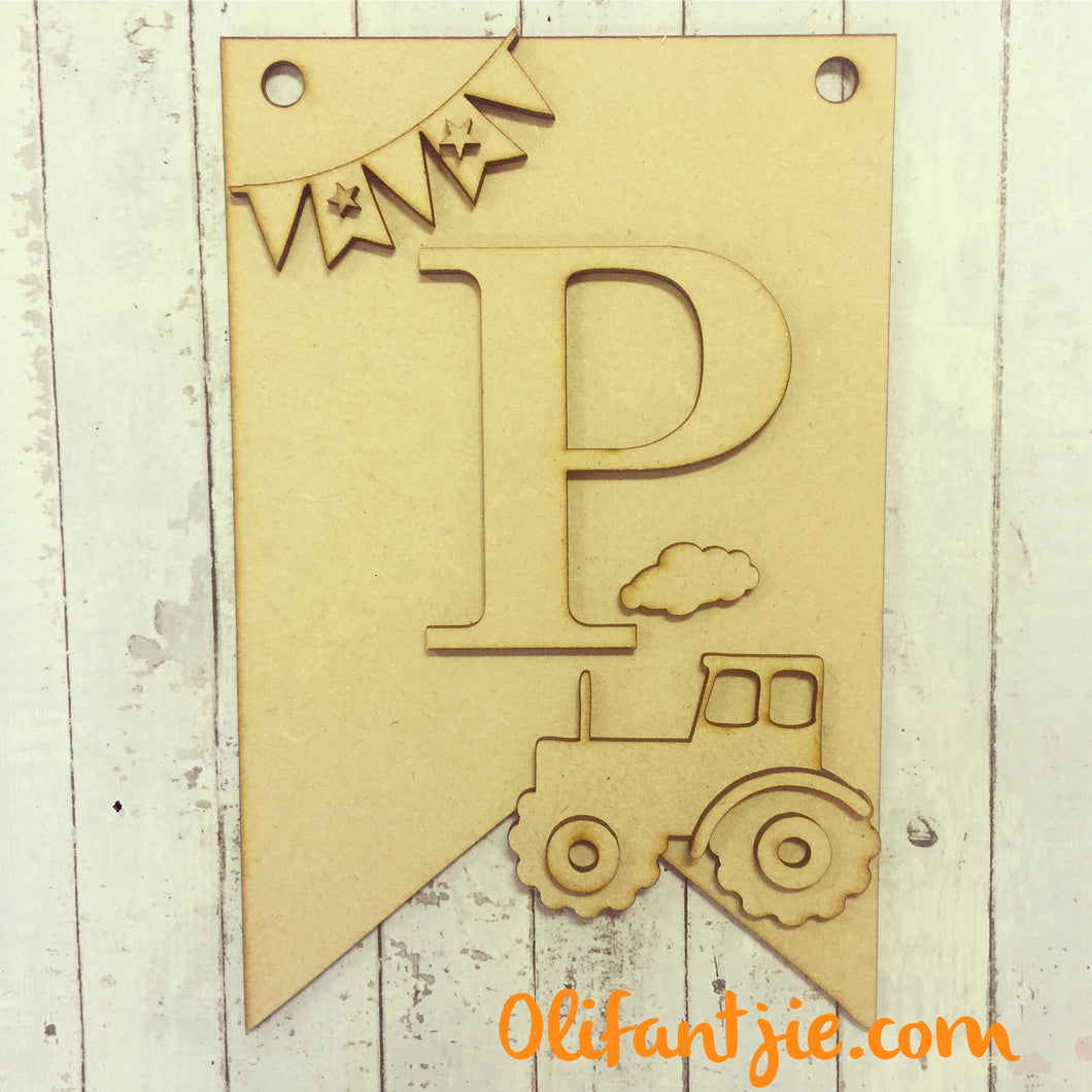 MDF Tractor Hanging Flag Initial - Olifantjie - Wooden - MDF - Lasercut - Blank - Craft - Kit - Mixed Media - UK
