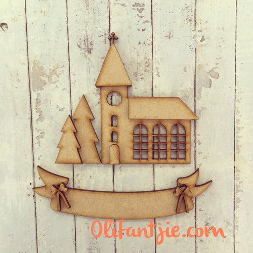 Sale OL042 - MDF Church and Banner Set - Olifantjie - Wooden - MDF - Lasercut - Blank - Craft - Kit - Mixed Media - UK