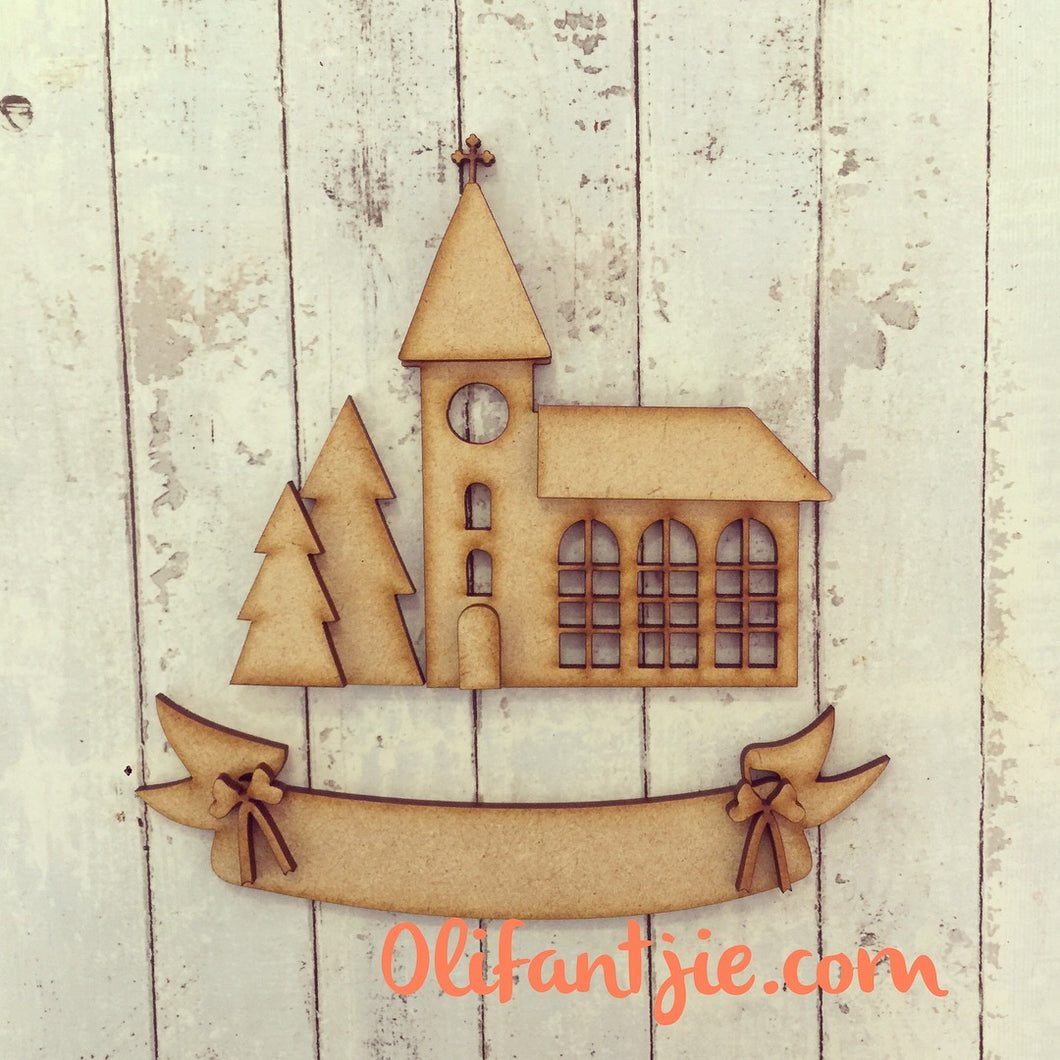 Sale OL042 - MDF Church and Banner Set - Olifantjie - Wooden - MDF - Lasercut - Blank - Craft - Kit - Mixed Media - UK