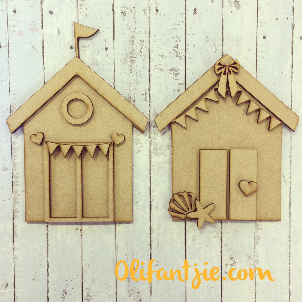 OL007 - MDF Beach Huts - Set of 2 Kits - Olifantjie - Wooden - MDF - Lasercut - Blank - Craft - Kit - Mixed Media - UK
