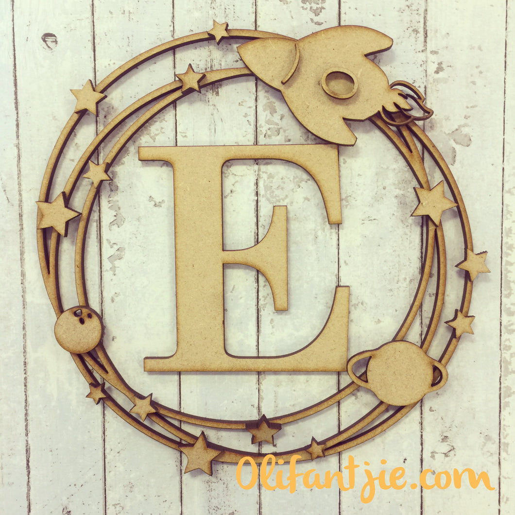 W022 - MDF Space Initial Wreath with Rocket, Stars & Planets - Olifantjie - Wooden - MDF - Lasercut - Blank - Craft - Kit - Mixed Media - UK