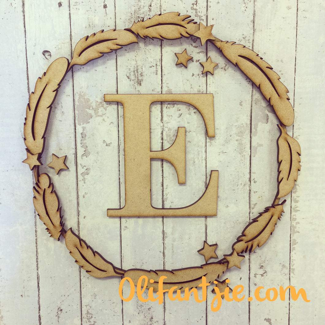 W021 - MDF Feather Initial Wreath - Olifantjie - Wooden - MDF - Lasercut - Blank - Craft - Kit - Mixed Media - UK