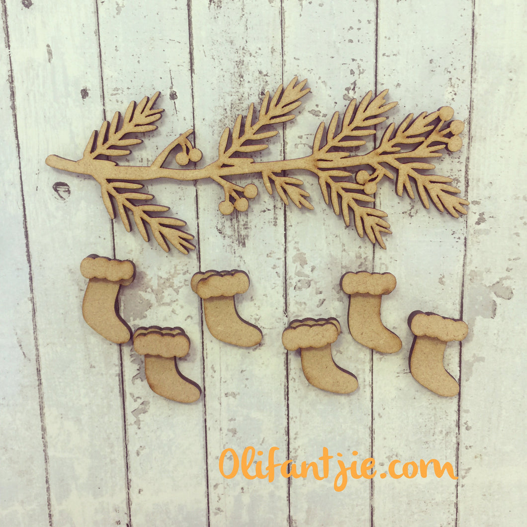 Sale CH008 - MDF Christmas Family Tree Branch with Stockings - Olifantjie - Wooden - MDF - Lasercut - Blank - Craft - Kit - Mixed Media - UK