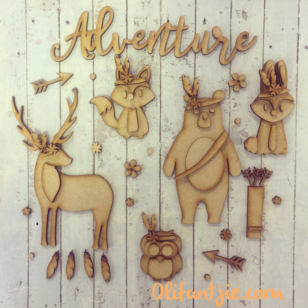 Sale OL226 - MDF Tribal Woodland Animals - Olifantjie - Wooden - MDF - Lasercut - Blank - Craft - Kit - Mixed Media - UK