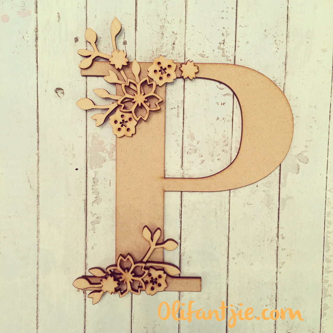 OL041 - MDF Cherry Blossom Initial - Olifantjie - Wooden - MDF - Lasercut - Blank - Craft - Kit - Mixed Media - UK