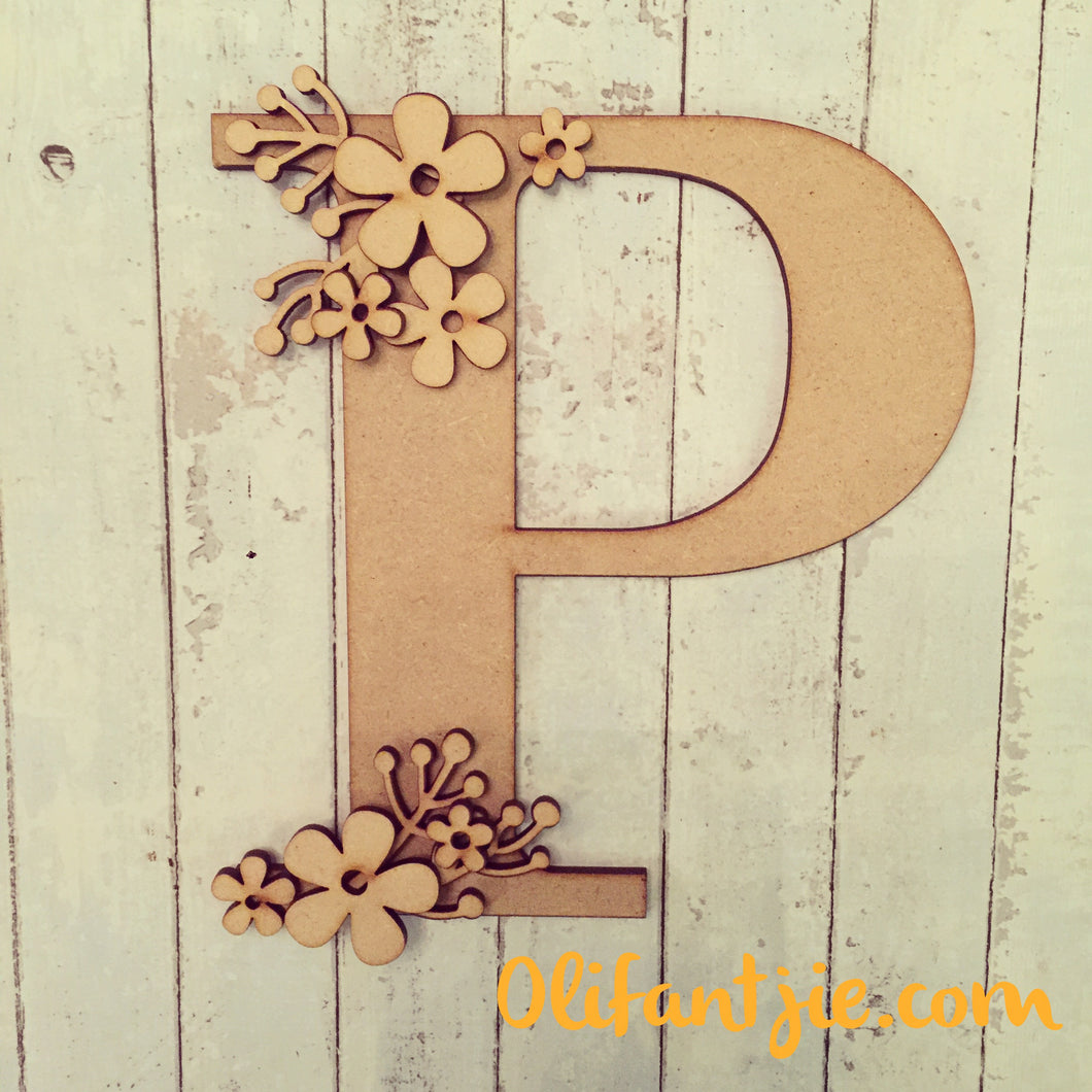 OL166 - MDF Retro Flowers Initial - Olifantjie - Wooden - MDF - Lasercut - Blank - Craft - Kit - Mixed Media - UK