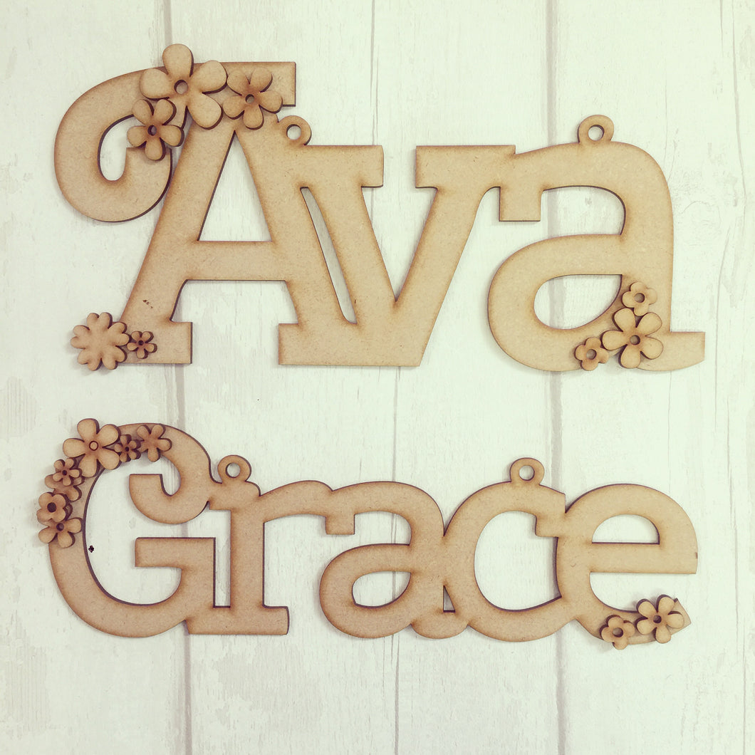 OL134 - MDF Name / Word Hanging with Flowers 25cm wide - Olifantjie - Wooden - MDF - Lasercut - Blank - Craft - Kit - Mixed Media - UK