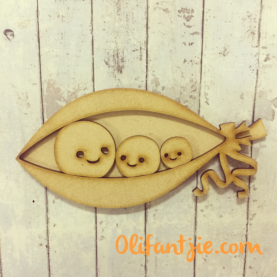 OL142 - MDF Peas in a Pod with 1 Adult and 2 Children Peas - Olifantjie - Wooden - MDF - Lasercut - Blank - Craft - Kit - Mixed Media - UK
