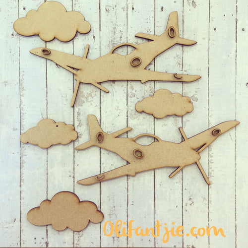 OL180 - MDF Fighter Planes and Clouds - Set of 2 - Olifantjie - Wooden - MDF - Lasercut - Blank - Craft - Kit - Mixed Media - UK