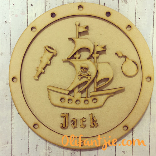 OL149 - MDF Pirate Ship Hanging with Personalised Name - Olifantjie - Wooden - MDF - Lasercut - Blank - Craft - Kit - Mixed Media - UK