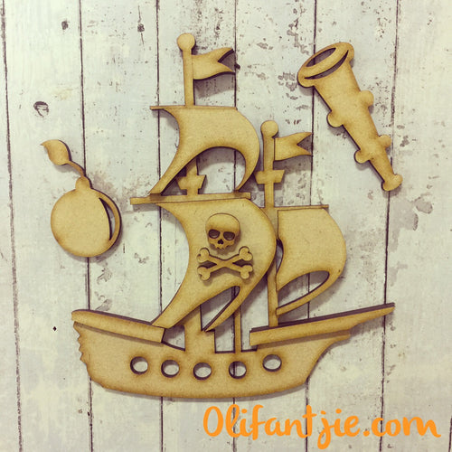 Sale OL150 - MDF Pirate Ship - Olifantjie - Wooden - MDF - Lasercut - Blank - Craft - Kit - Mixed Media - UK