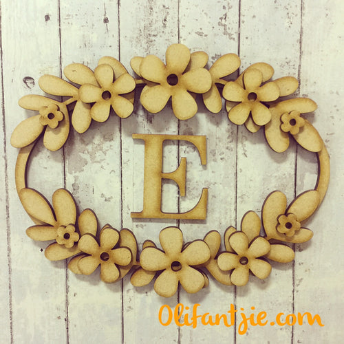W013 - MDF Oval Initial Wreath - with Petal Flowers - Olifantjie - Wooden - MDF - Lasercut - Blank - Craft - Kit - Mixed Media - UK