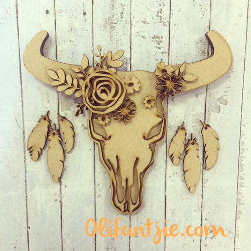 OL211 - MDF Steer Head Skull Layered - Olifantjie - Wooden - MDF - Lasercut - Blank - Craft - Kit - Mixed Media - UK