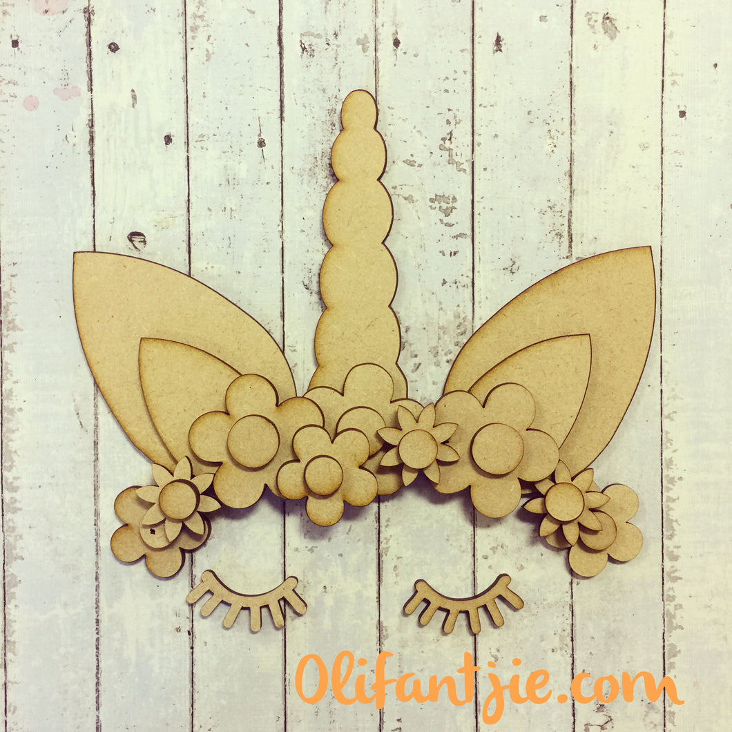 Sale OL191 - MDF Simplified Flowers Unicorn Horn Ears and Sleepy Eyes - Olifantjie - Wooden - MDF - Lasercut - Blank - Craft - Kit - Mixed Media - UK