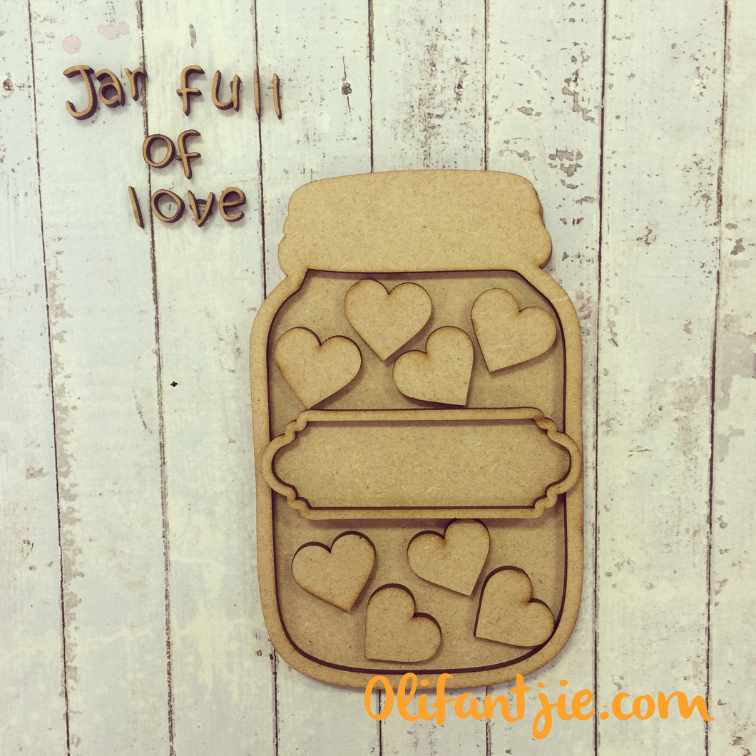 MJ003 - MDF Jar of Love with Hearts - Olifantjie - Wooden - MDF - Lasercut - Blank - Craft - Kit - Mixed Media - UK