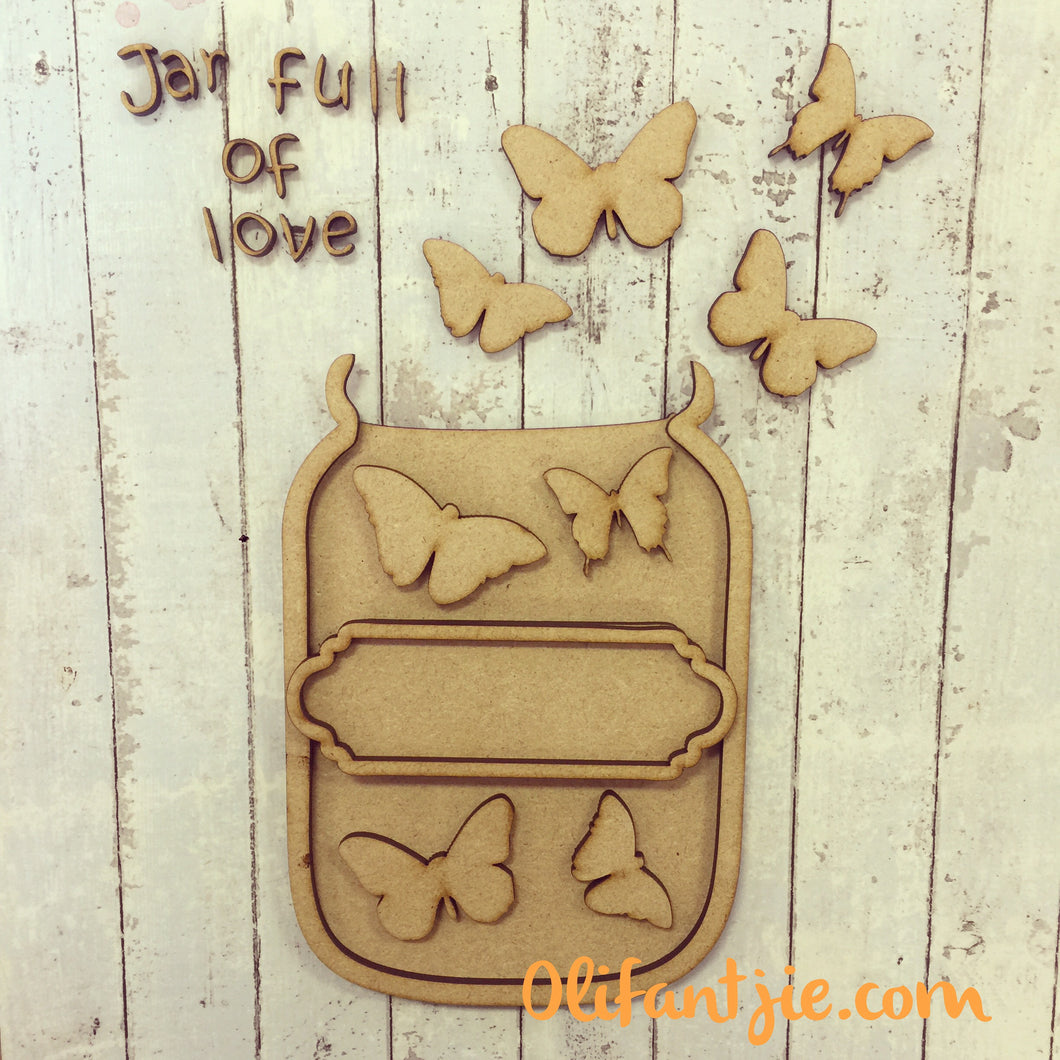 MJ002 - MDF Jar of Love with Butterflies - Open Jar - Olifantjie - Wooden - MDF - Lasercut - Blank - Craft - Kit - Mixed Media - UK