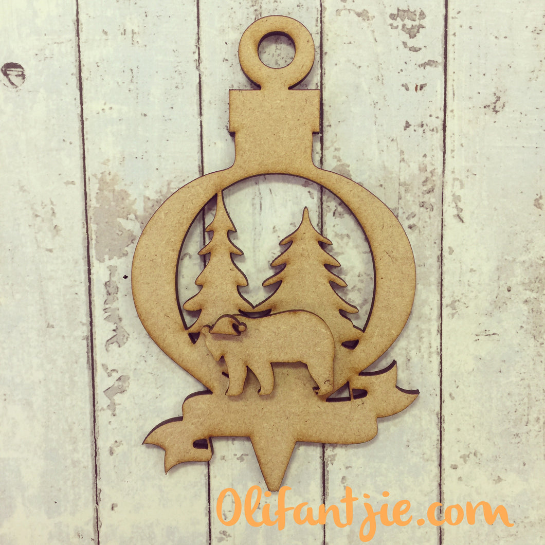 CH003 - MDF Bear Christmas Bauble with Optional Banner - Olifantjie - Wooden - MDF - Lasercut - Blank - Craft - Kit - Mixed Media - UK