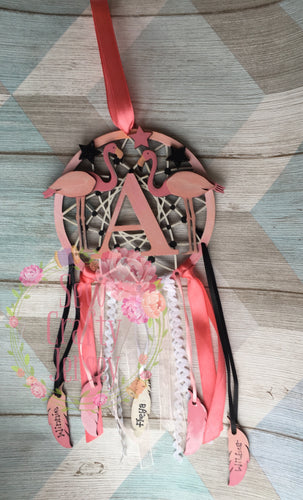 DC048 - MDF Flamingo Dream Catcher - with Initial, Initials, Name or Wording - Olifantjie - Wooden - MDF - Lasercut - Blank - Craft - Kit - Mixed Media - UK