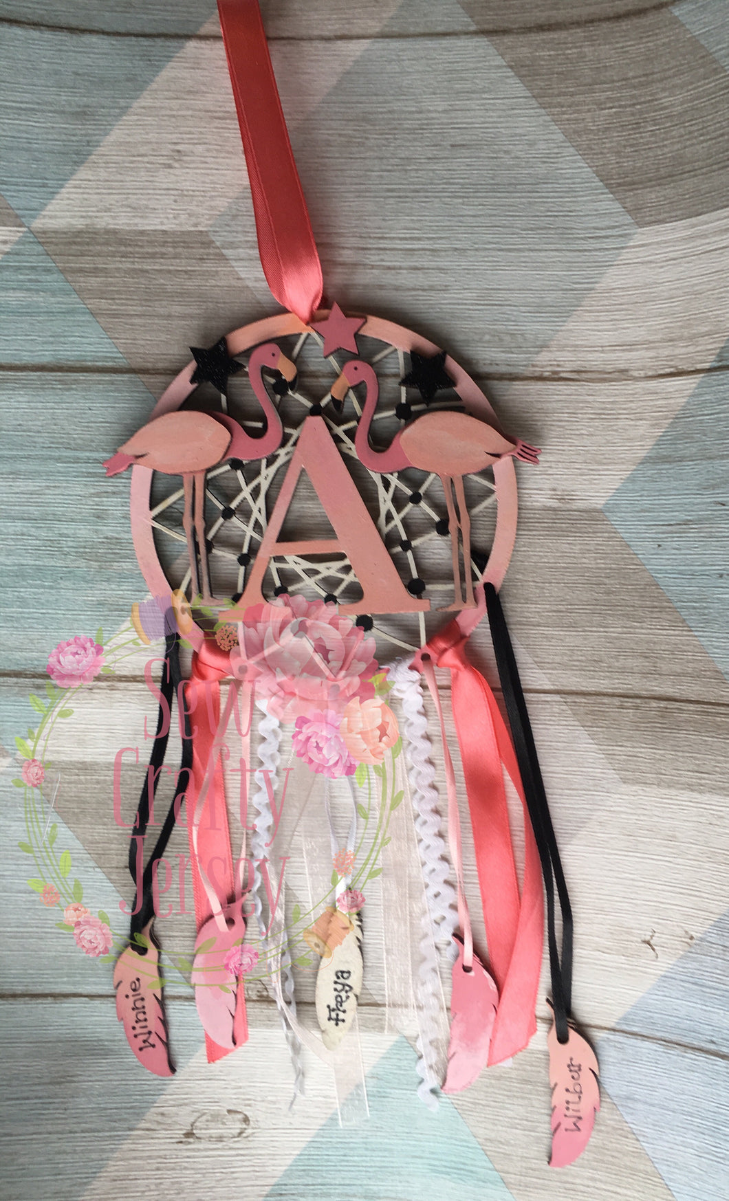 DC048 - MDF Flamingo Dream Catcher - with Initial, Initials, Name or Wording - Olifantjie - Wooden - MDF - Lasercut - Blank - Craft - Kit - Mixed Media - UK